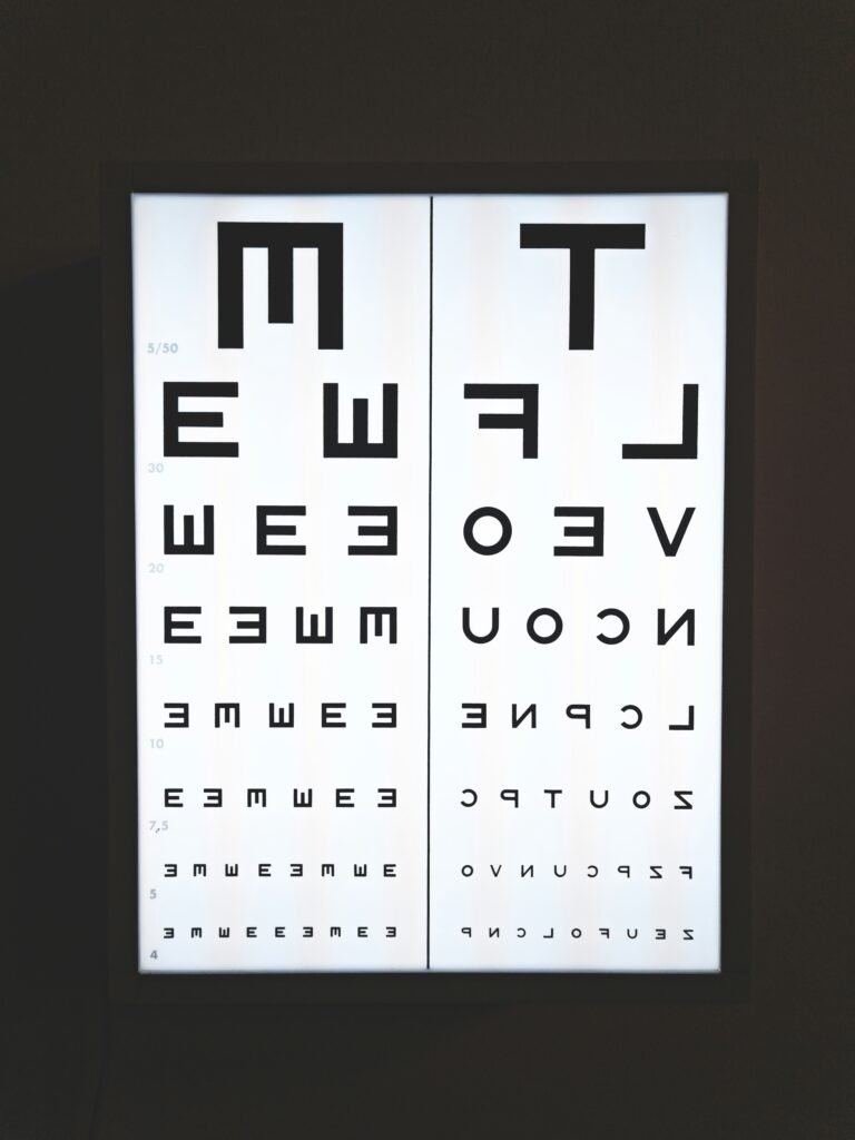 a close up of an eye chart on a wall