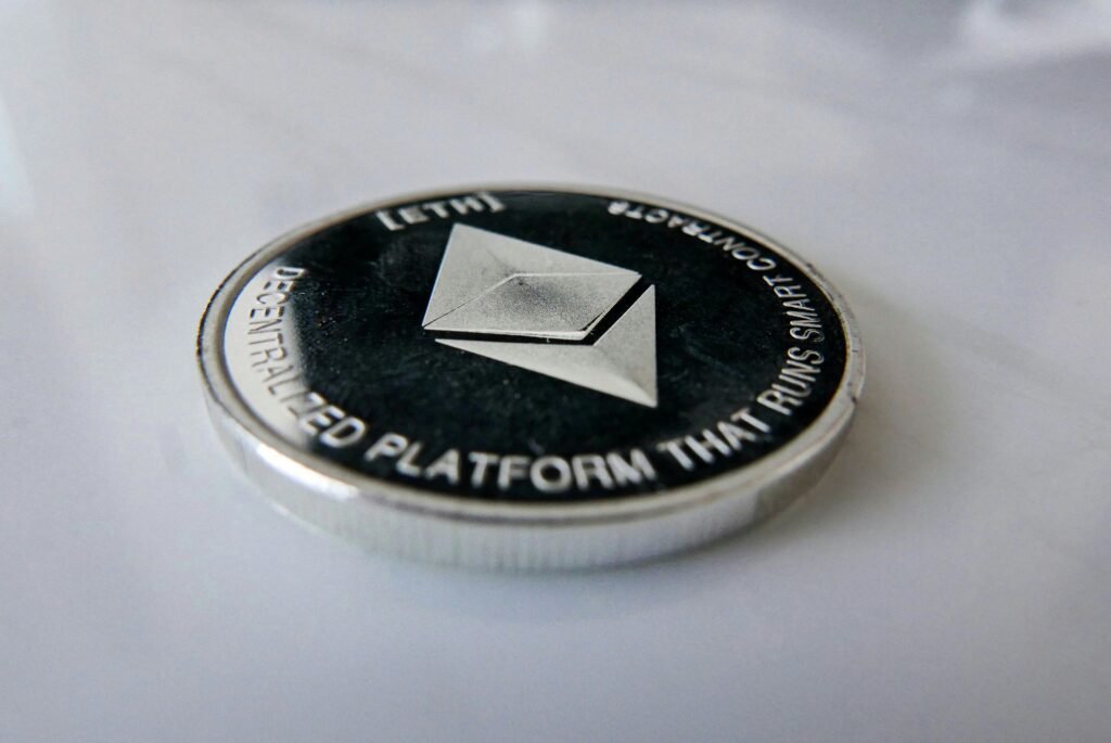 Ethreum blockchain coin on white background decentralized finance. Instagram - @vitalymazur