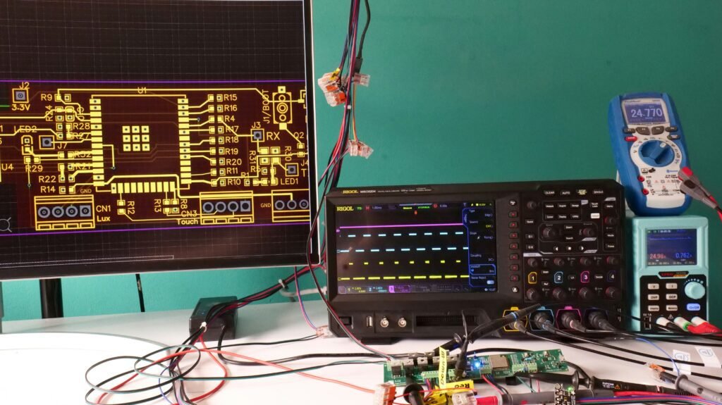 Engineers Workbench with oscilloscope and pcb and measurements and elctronic design layout sreen.